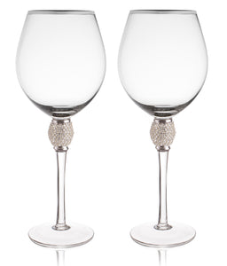 Set of 2 Wine Glasses - Rhinestone "Diamond" Studded with Silver Rim - Long Stem, 16oz, 10-Inches Tall – Elegant Glassware and Stemware