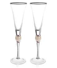 Load image into Gallery viewer, Set of 2 Champagne Flutes - Rhinestone &quot;Diamond&quot; Studded Glasses with Silver Rim - Long Stem, 7oz, 11-Inches Tall – Elegant Glassware and Stemware