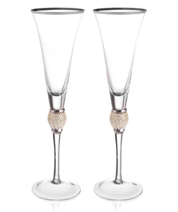 Set of 2 Champagne Flutes - Rhinestone "Diamond" Studded Glasses with Silver Rim - Long Stem, 7oz, 11-Inches Tall – Elegant Glassware and Stemware
