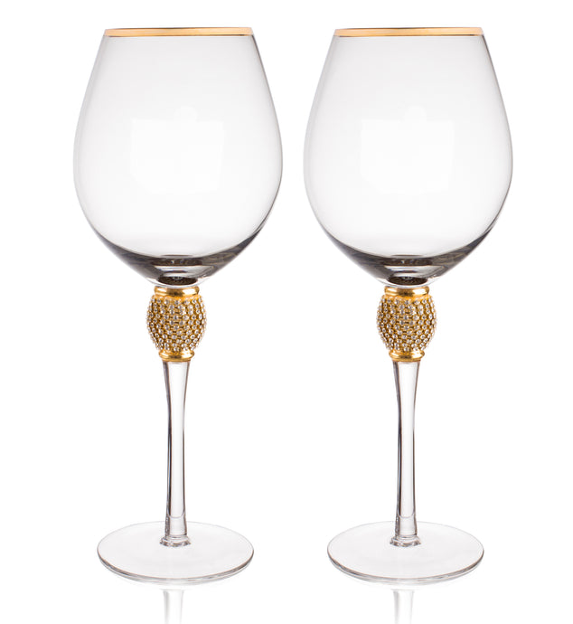 Gold Rimmed Wine Glasses Set of 2 - Rhinestone Champagne Flutes 