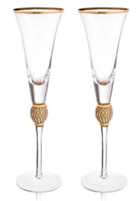 Load image into Gallery viewer, Wedding Champagne Flutes - Rhinestone &quot;Diamond&quot; Studded Toasting Glasses with Gold Rim - Long Stem, 7oz, 11-Inches Tall – Elegant Glassware and Stemware - Set of 2 For Bride and Groom