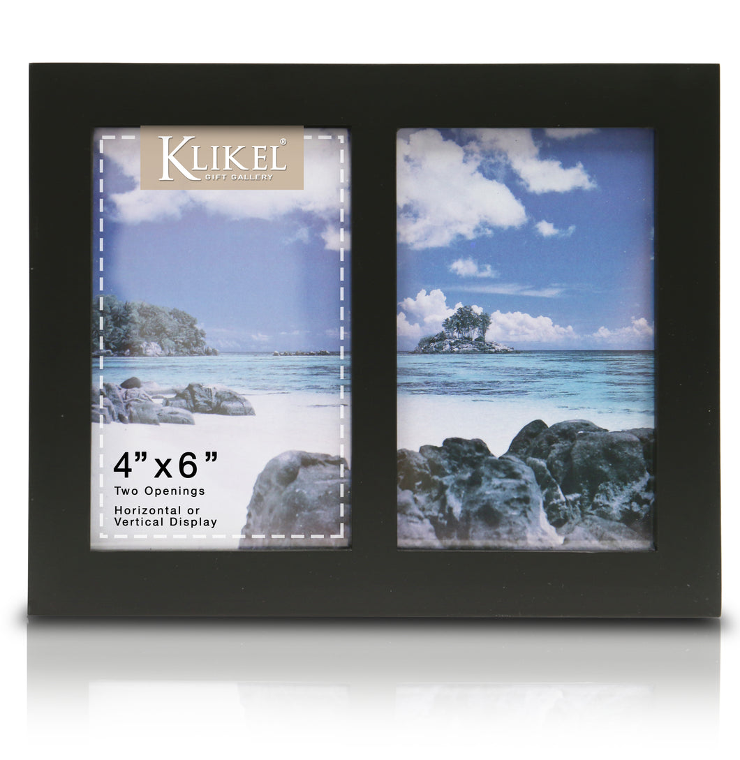 Photo Collage Frame - Black Wooden Wall Frame - 2 Openings – 4x6 Pictures - Decorative Family Picture Frame