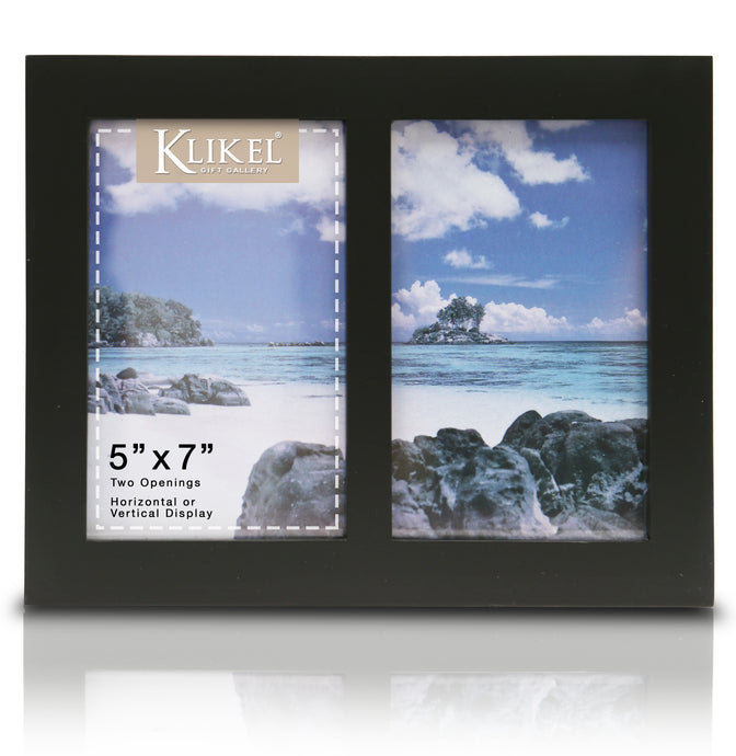 Photo Collage Frame - Black Wooden Wall Frame - 2 Openings – 5x7 Pictures - Decorative Family Picture Frame