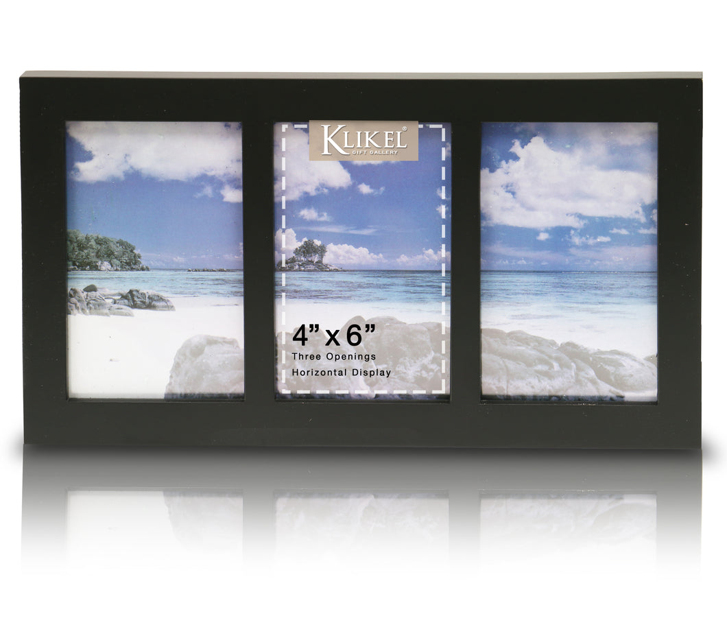 Photo Collage Frame - Black Wooden Wall Frame - 3 Openings – 4x6 Pictures - Decorative Family Picture Frame