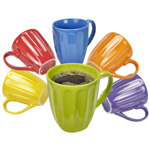 Coffee Mugs Set of 6 - Fluted Ceramic Mug - Hot Tea and Coffee Cup - Solid Bright Colors - Dishwasher and Microwave Safe Dinnerware