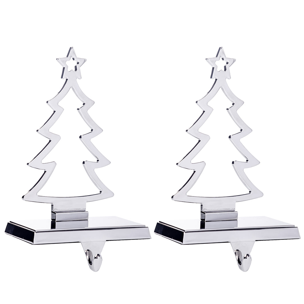 Stocking Holder Set of 2 - Christmas Tree Stocking Hanger for Mantel - Shiny Silver Metal Christmas Stocking Holder for Fireplace Mantle - Heavy Stocking Holder for Mantle with Hook
