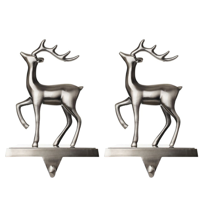 Christmas Reindeer Stocking Hanger for Mantel - Set of 2 - Silver Metal Deer Stocking Holder with Hook - Deer Facing Left