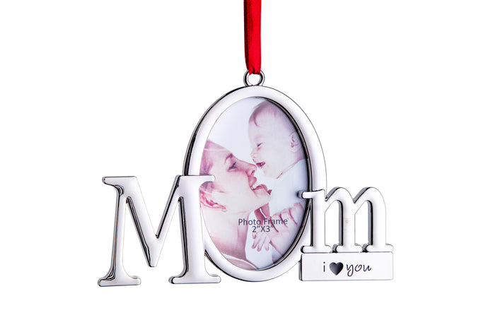 Mom Frame Picture Ornament – Holds one 2x3 Photo – Mom Silver Christmas Photo Ornament - Picture Frame Ornament for Christmas Tree with Red Ribbon - Silver Christmas Ornament with Gift Box by Klikel