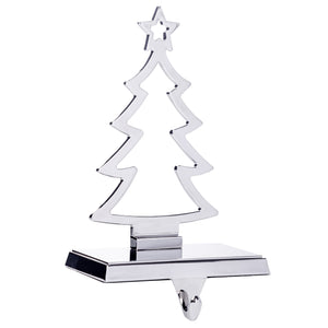 Stocking Holder - Christmas Tree Stocking Hanger for Mantel - Shiny Silver Metal Christmas Stocking Holder for Fireplace Mantle - Heavy Stocking Holder for Mantle with Hook - Holds 3lbs
