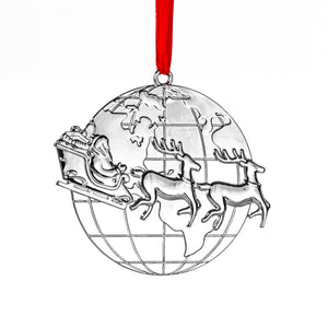 Santa Christmas Ornament - Silver Christmas Ornament - Santa Ornament - Santa Reindeer and Sleigh - Santa Ride Around The Globe - Silver Ornament with Red Ribbon and Gift Box By Klikel