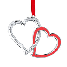 Load image into Gallery viewer, Silver Christmas Ornament - Our First Christmas Ornament - Love Ornament - Double Heart Ornament -  Couple Ornament - Interlocking Studded Crystal And Red Enamel Heart - Wedding Ornament by Klikel
