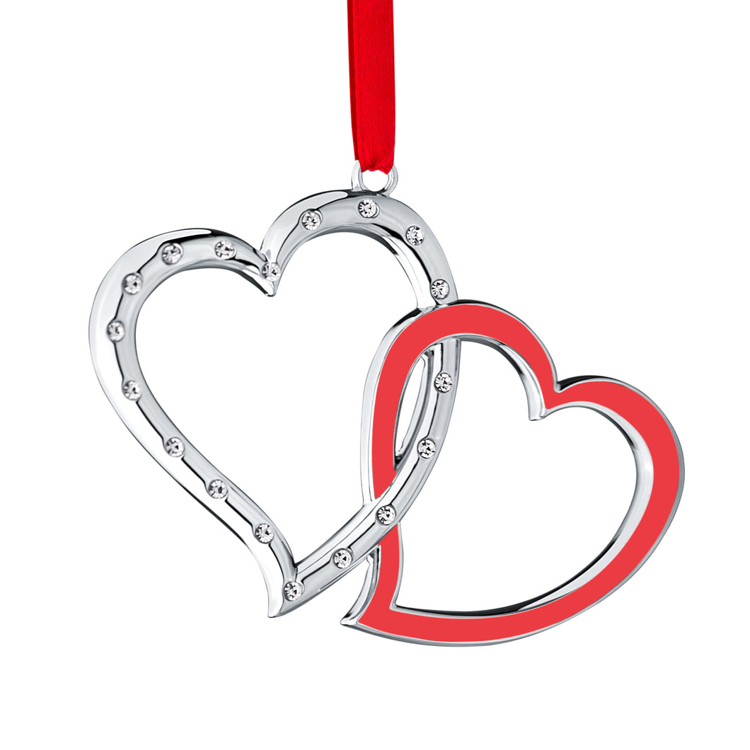 Silver Christmas Ornament - Our First Christmas Ornament - Love Ornament - Double Heart Ornament -  Couple Ornament - Interlocking Studded Crystal And Red Enamel Heart - Wedding Ornament by Klikel