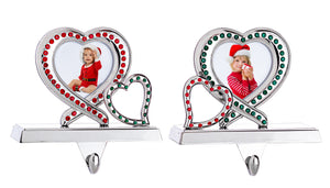 Stocking Holder Set of 2 - Heart Picture Frame Christmas Stocking Hanger for Mantel - Double Heart Picture Frame Christmas Stocking Holder for Fireplace Mantle - Stocking Holder with Stones By Klikel
