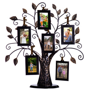 Family Tree Picture Frame Stand with 6 Hanging Photo Picture Frames - Medium Metal Tree 12 x 11 - Holds 6 Ornamental 2x3 Frames