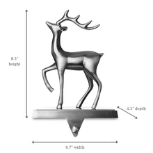 Load image into Gallery viewer, Christmas Reindeer Stocking Hanger for Mantel - Set of 2 - Silver Metal Deer Stocking Holder with Hook - Deer Facing Left