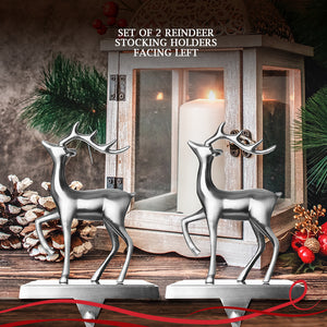 Stocking Holder Set of 2 - Christmas Reindeer Stocking Hanger for Mantel - Shiny Silver Metal Deer Christmas Stocking Holder for Fireplace Mantle - Heavy Stocking Holder for Mantle -Facing Left