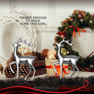 Christmas Reindeer Stocking Hanger for Mantel - Set of 2 - Silver Metal Deer Stocking Holder with Hook - Deer Facing Left