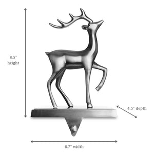 Christmas Reindeer Stocking Hanger for Mantel - Set of 2 - Silver Metal Deer Stocking Holder with Hook - Deer Facing Right