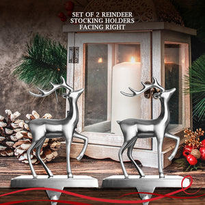 Stocking Holder Set of 2 - Christmas Reindeer Stocking Hanger for Mantel - Shiny Silver Metal Deer Christmas Stocking Holder for Fireplace Mantle - Heavy Stocking Holder for Mantle-Facing Right