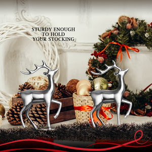 Christmas Reindeer Stocking Hanger for Mantel - Set of 2 - Silver Metal Deer Stocking Holder with Hook - Deer Facing Right