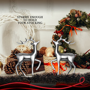 Christmas Reindeer Stocking Hanger for Mantel - Set of 2 - Silver Metal Deer Stocking Holder with Hook