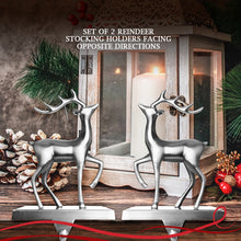 Load image into Gallery viewer, Stocking Holder Set of 2 - Christmas Reindeer Stocking Hanger for Mantel - Shiny Silver Metal Deer Christmas Stocking Holder for Fireplace Mantle - Heavy Stocking Holder for Mantle with Hook